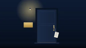 A dark office front door at night with a blank brass nameplate beside it and someone else's luggage tag hanging from the handle