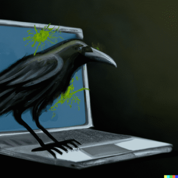 an-oil-painting-of-a-modern-sleek-laptop-computer-infected-with-little-green-viruses.-a-black-crow-is-perched-on-top-of-the-screen-dark-background thanks to dall-e 2
