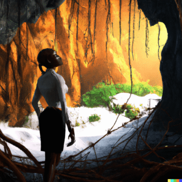 DALL·E-2022-08-03-10.31.55-business-person-in-a-cave-looking-out-the-entrance-in-anticipation-of-spring-coming-digital-art