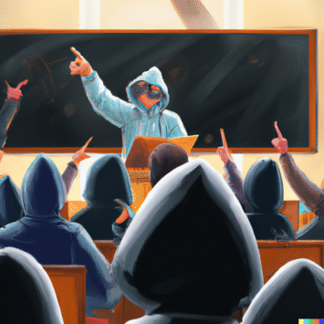a-classroom-with-the-teacher-up-the-front-pointing-to-the-blackboard.-All-students-have-a-hoddies